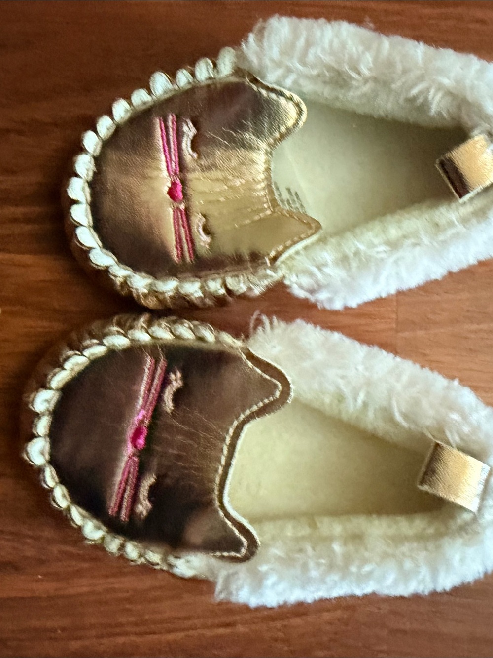 Rising Star Metallic Gold Cat Moccasins with Pink Embroidered Whiskers